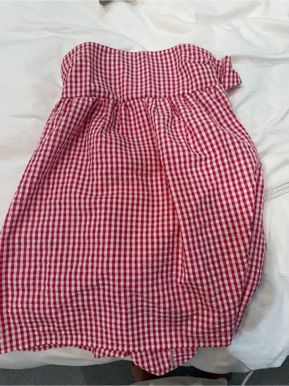 Red and White Gingham Strapless Dress